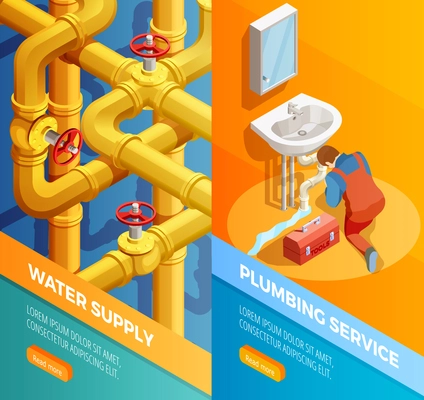 Water supply problems fixing 2 vertical isometric banners set with plumbing leak bathroom sink isolated vector illustration