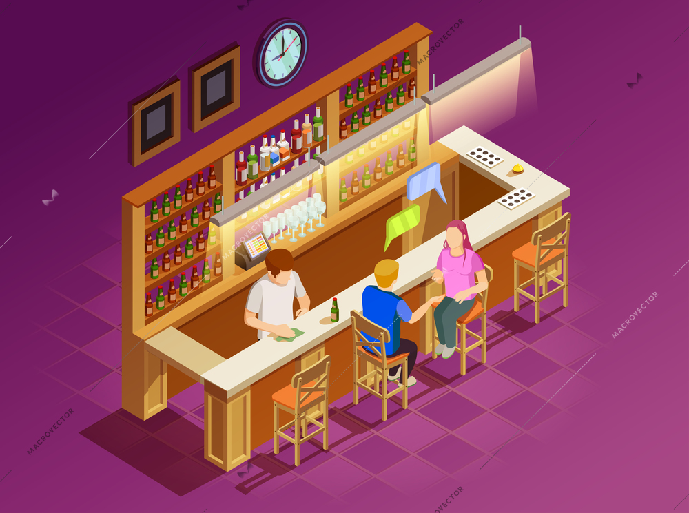 Young man and woman friends sitting at bar chatting drinking beer served by bartender isometric poster vector illustration