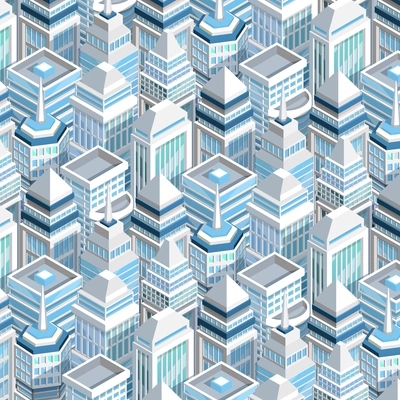 City buildings seamless pattern with skyscrapers isometric vector illustration