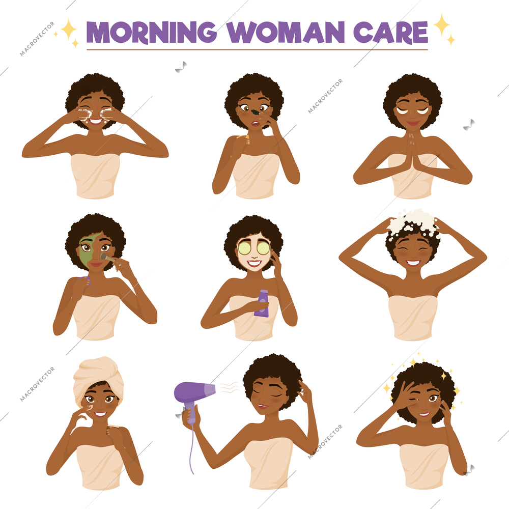 Isolated colored afro american woman morning routine icon set with morning woman care vector illustration