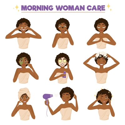 Isolated colored afro american woman morning routine icon set with morning woman care vector illustration