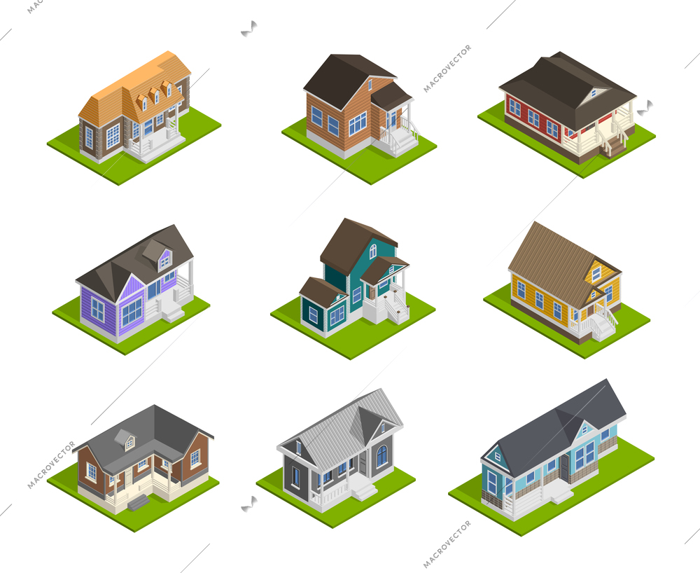 Town houses isometric set with detached houses  isolated vector illustration