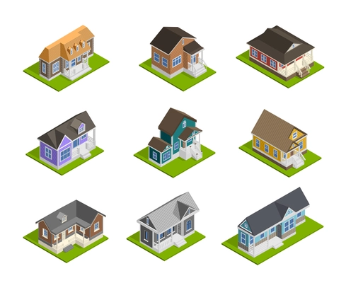 Town houses isometric set with detached houses  isolated vector illustration