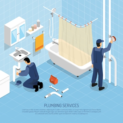 Plumber with bath sink and pipes repair symbols isometric vector illustration