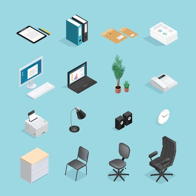 Colored and isolated office supplies isometric icon set with attributes furniture for office vector illustration