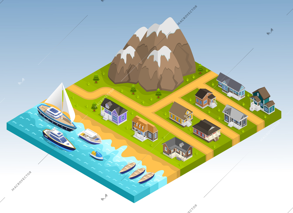 Sea line scape composition with cottage estate isometric houses mountains and coastline with yachts cruisers and boats vector illustration