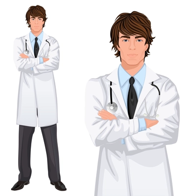 Young handsome male medicine doctor assistant standing in white lab coat with stethoscope, arms crossed vector illustration