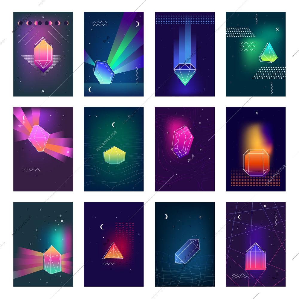 Geometric diamond prism shaped polygonal crystals bright glowing in the darkness colorful icons collection isolated vector illustration