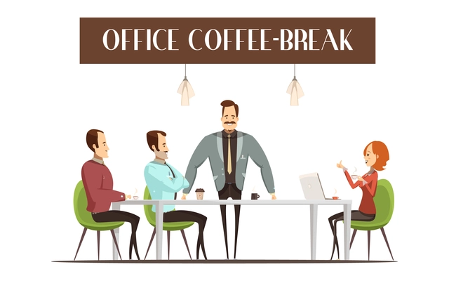 Office coffee break design with cheerful woman and men hot drinks interior elements vector illustration