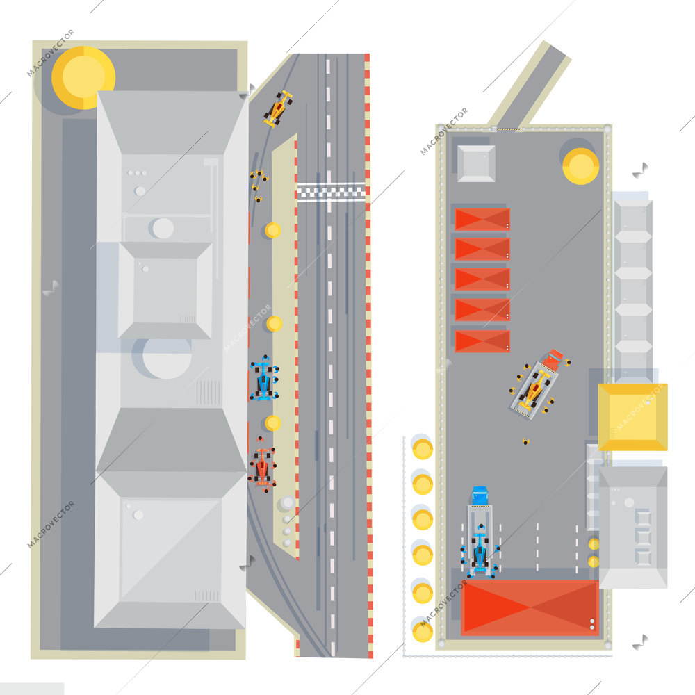 Racing track top view composition with flat images of race cars under maintenance during pit stop vector illustration