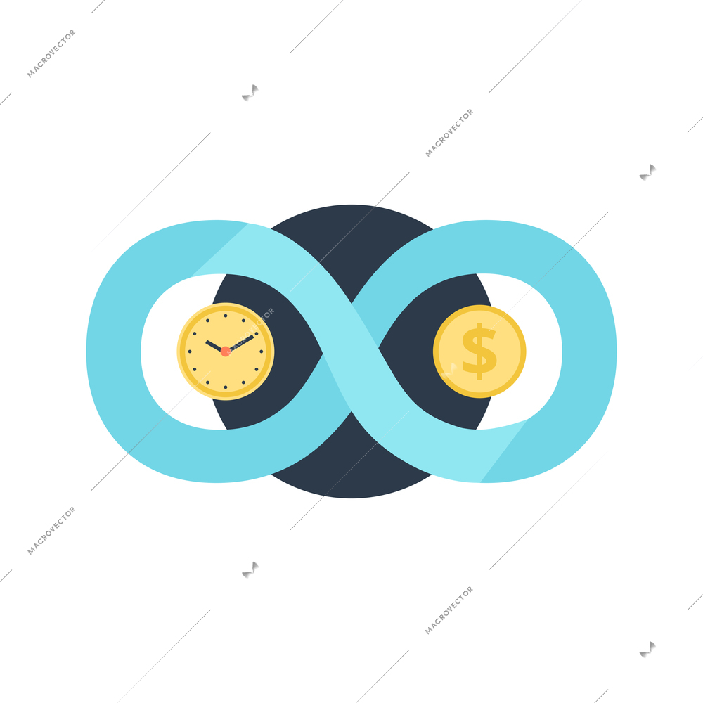 Time is money eternity is abundance conceptual symbols with coin clock face dials flat icon vector illustration