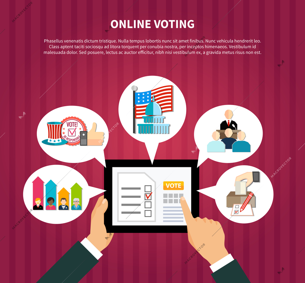 Online voting elections on hands hold tablet with rating, government, flag, ballot box flat vector illustration