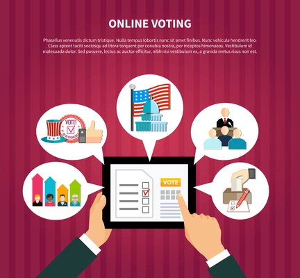 Online voting elections on hands hold tablet with rating, government, flag, ballot box flat vector illustration