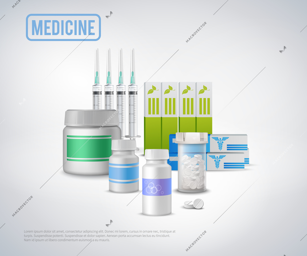 Medical healthcare products conceptual background with composition of realistic injectors pills packages with text vector illustration