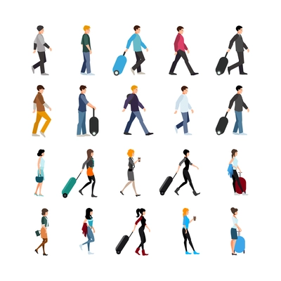 Set of young people in clothing of various style with baggage or coffee isolated vector illustration