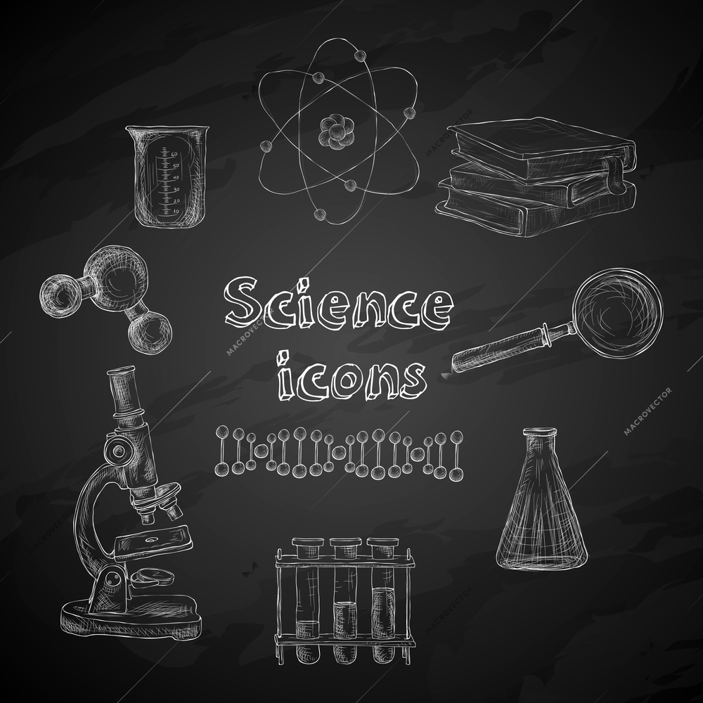 Science decorative chalkboard icons set with atom magnifier flask isolated vector illustration