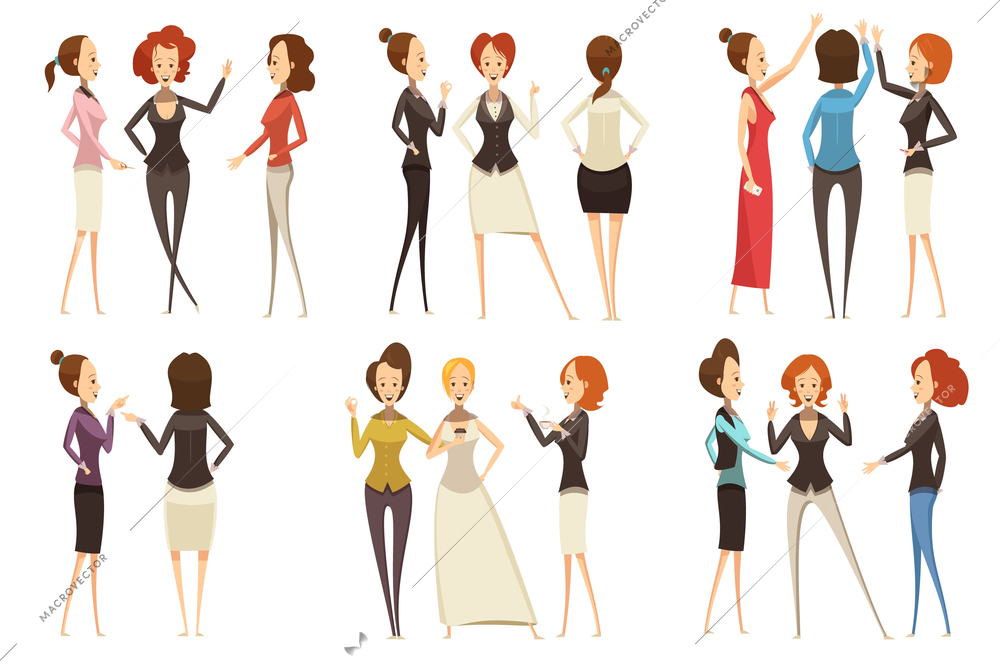 Groups of smiling businesswomen in various clothing during communications set in cartoon style isolated vector illustration