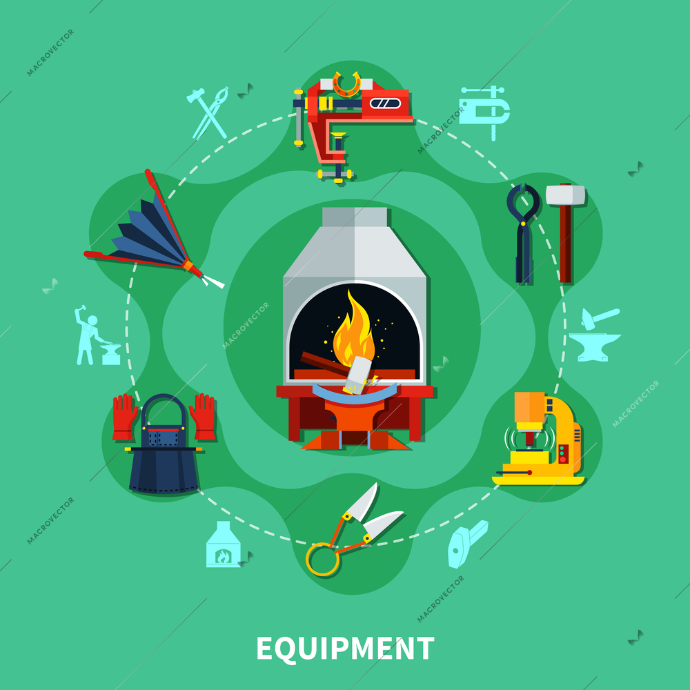 Blacksmith equipment composition with flat colorful icons of forging furnace scissors hammers vise and smiths uniform vector illustration