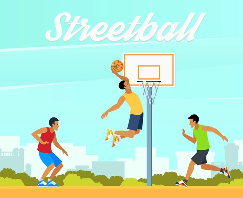 Group of young people playing street basketball in summer on background of city landscape vector illustration