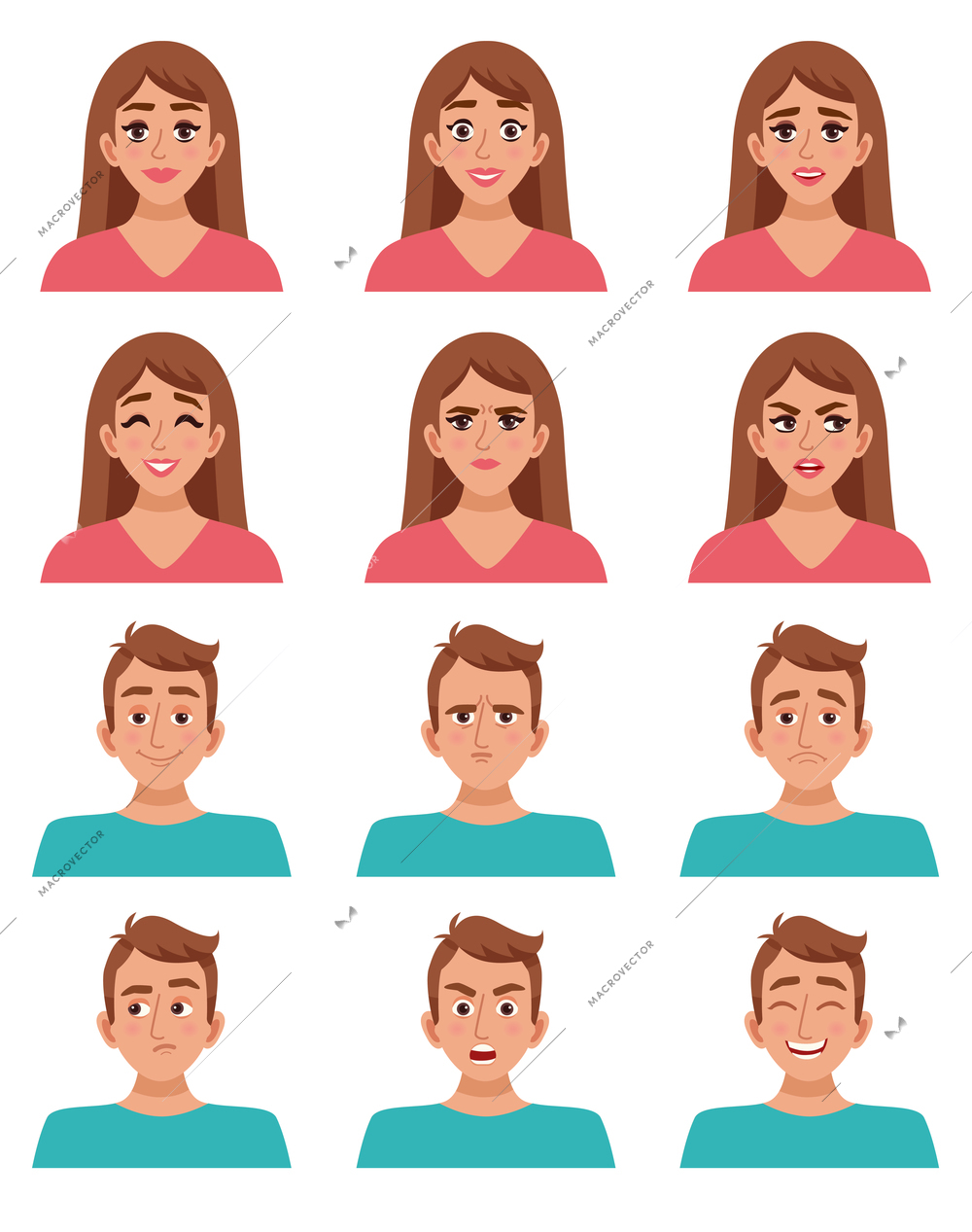 Face expressions male and female characters set with cartoon woman and man images with different facial expressions vector illustration