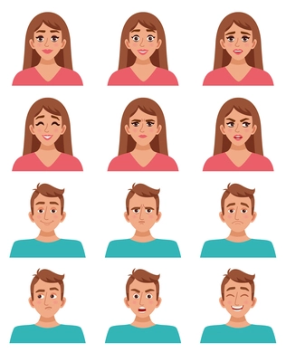 Face expressions male and female characters set with cartoon woman and man images with different facial expressions vector illustration