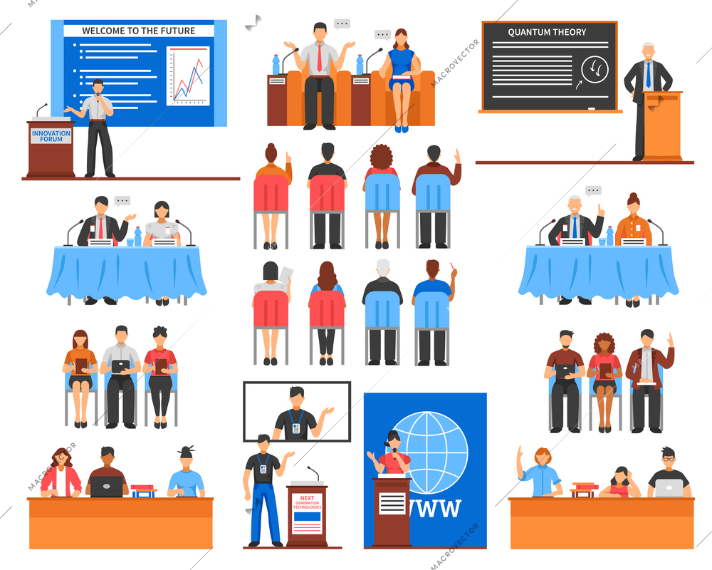 Set of speakers and audience during presentation or conference screens and microphones interior elements isolated vector illustration