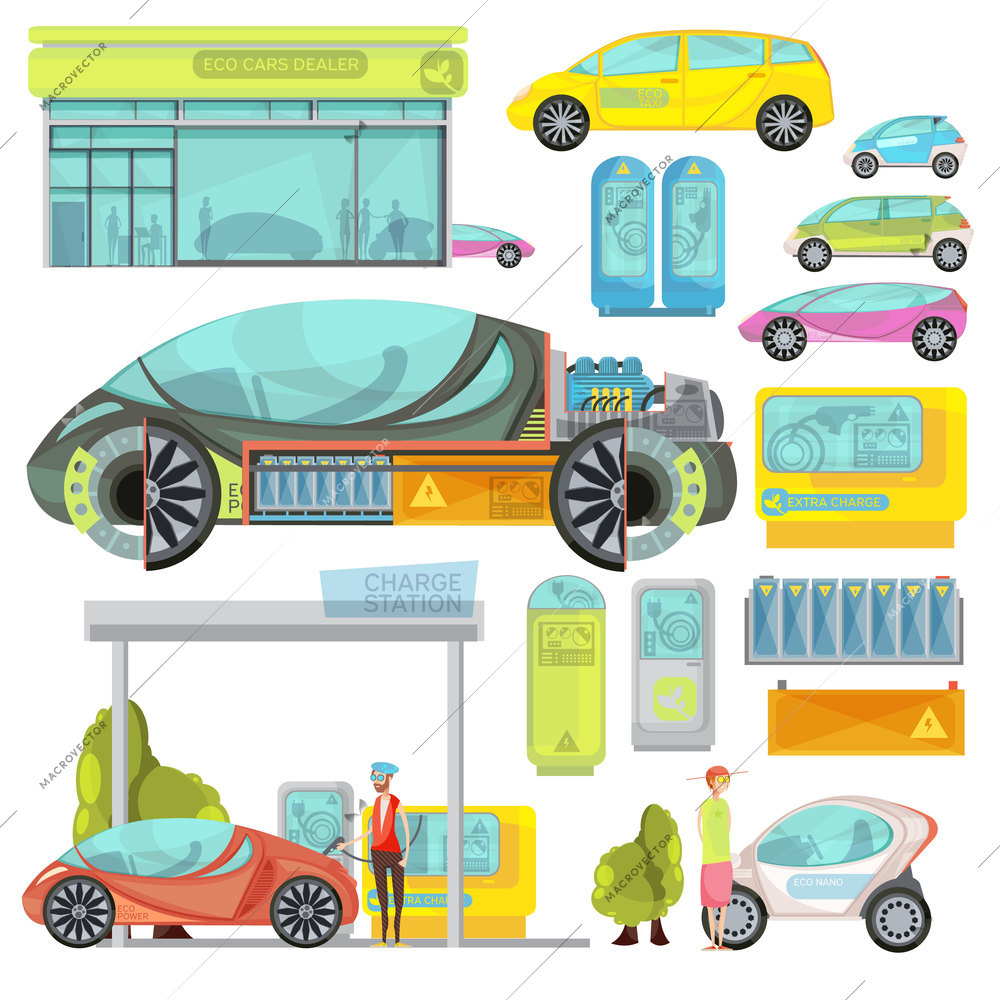 Big colorful flat set of eco electro cars and charge stations isolated on white background vector illustration