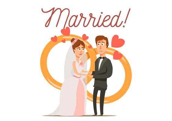 Marriage divorce set flat background with newly married couple bride and groom characters with wedding rings vector illustration