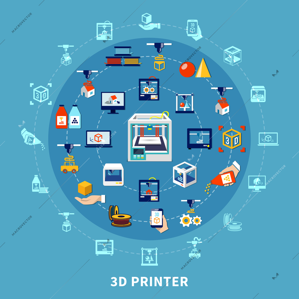 3d printing design composition with set of isolated decorative icons arranged in circle on blue background  flat vector illustration