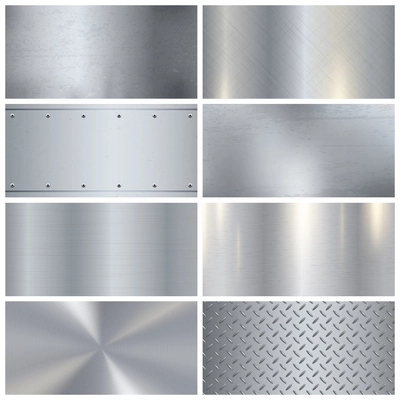 Metal surface finishing texture realistic icons collection with satin brushed and polish samples