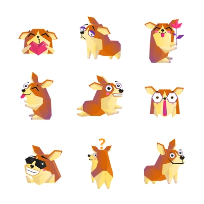 Cute corgi dog animation cartoon character icons collection with heart rose and sunglasses isolated vector illustration