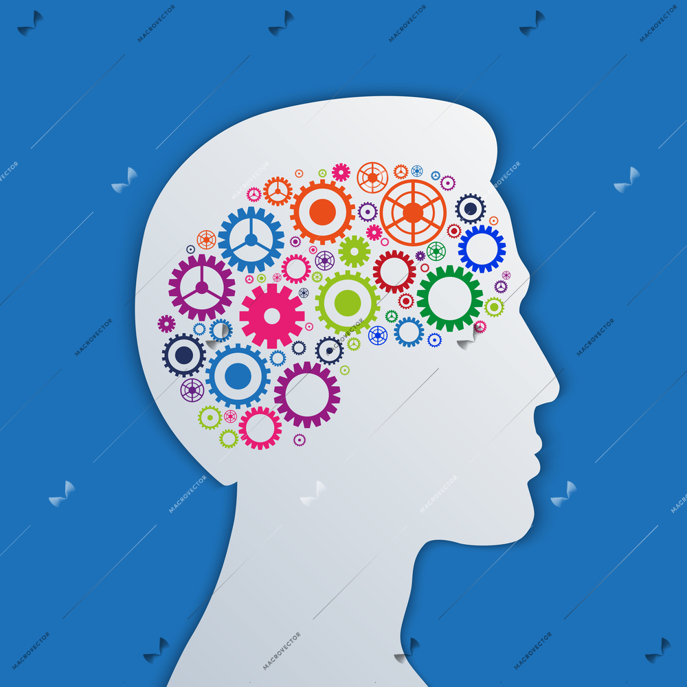 Brain gears in the head, human thinking concept vector illustration