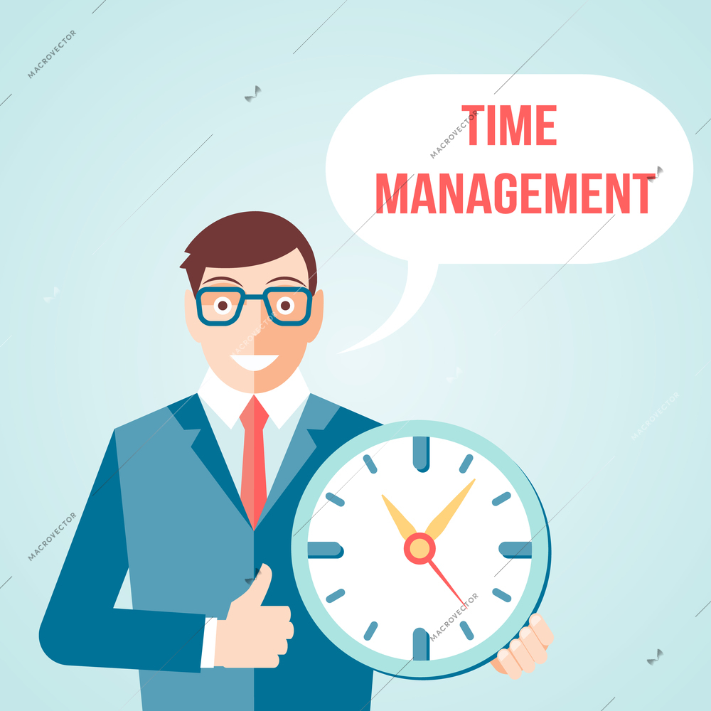 Time management for effective business day planning businessman cartoon character retro style print poster vector illustration