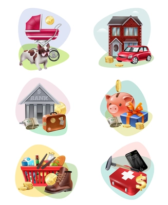 Colored and isolated financial expenses icon set people spend the most money for the needs description vector illustration