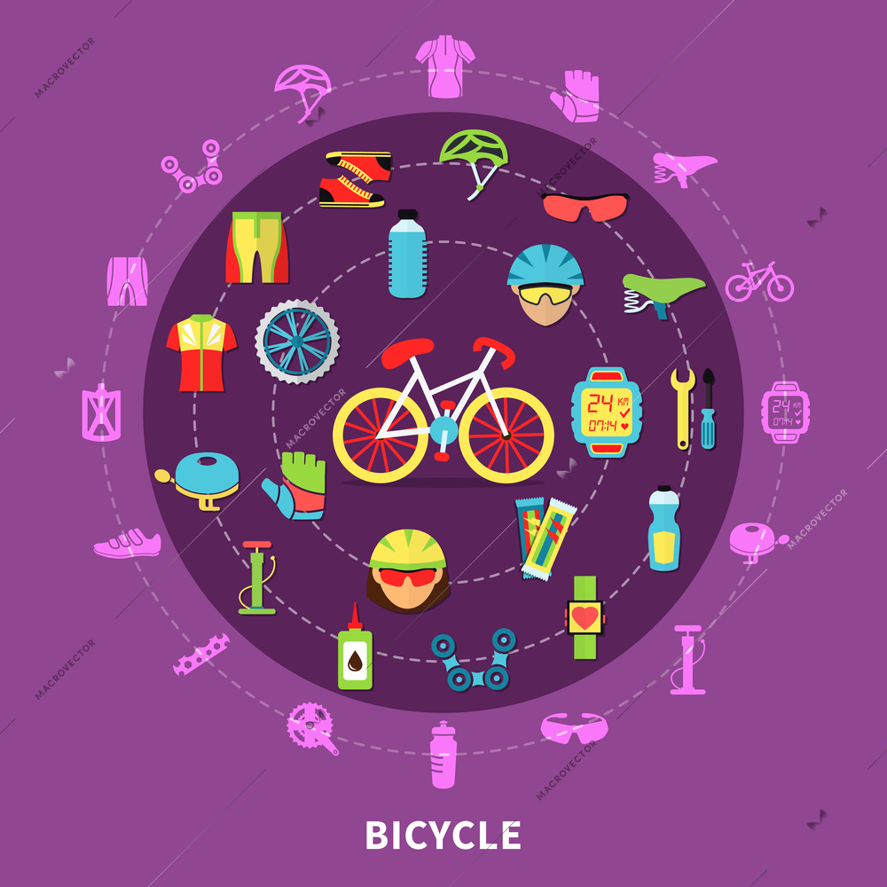 Bicycle concept with sports and race symbols on purple background flat vector illustration