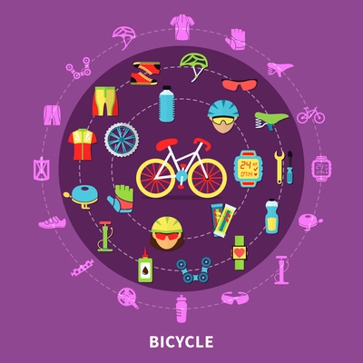 Bicycle concept with sports and race symbols on purple background flat vector illustration