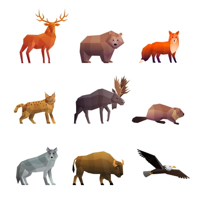 Wild northern animals 3d colorful polygonal icons set with wolf fox bear and eagle isolated vector illustration