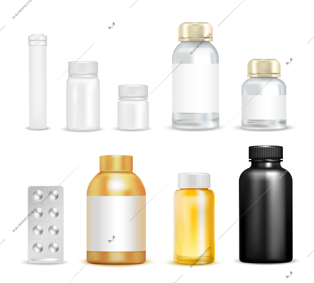 Isolated vitamins packaging images of empty vials transparent flask circumflex caps and blister pack of pills vector illustration