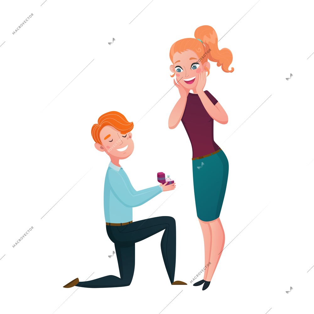 Marriage proposal cartoon characters scene with kneeling man with engagement ring and happy young woman vector illustration