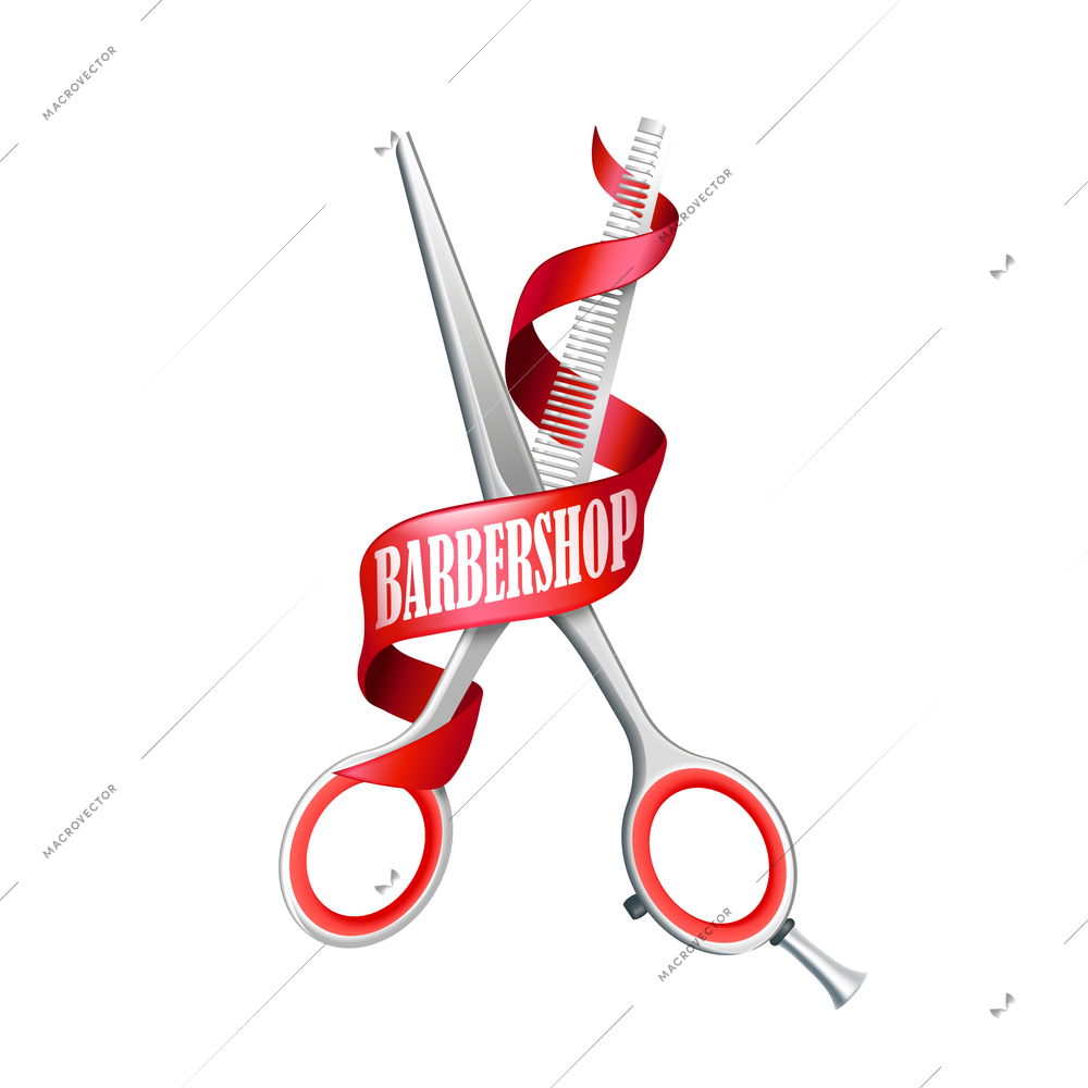 Isolated barbershop composition with scissors for cutting hair and red ribbon with headline vector illustration