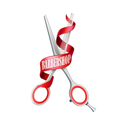 Isolated barbershop composition with scissors for cutting hair and red ribbon with headline vector illustration
