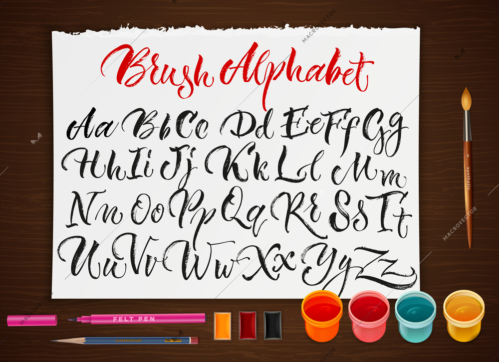 Colorful poster with paints brushes pencils and sheet of paper with hand drawn scrawling alphabet letters flat vector illustration