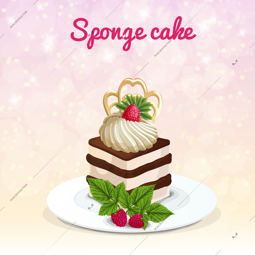 Piece of sponge cake on white plate with meringue decorated raspberry on sparkling light background vector illustration