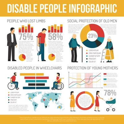 Disabled people infographic set with social protection symbols flat vector illustration