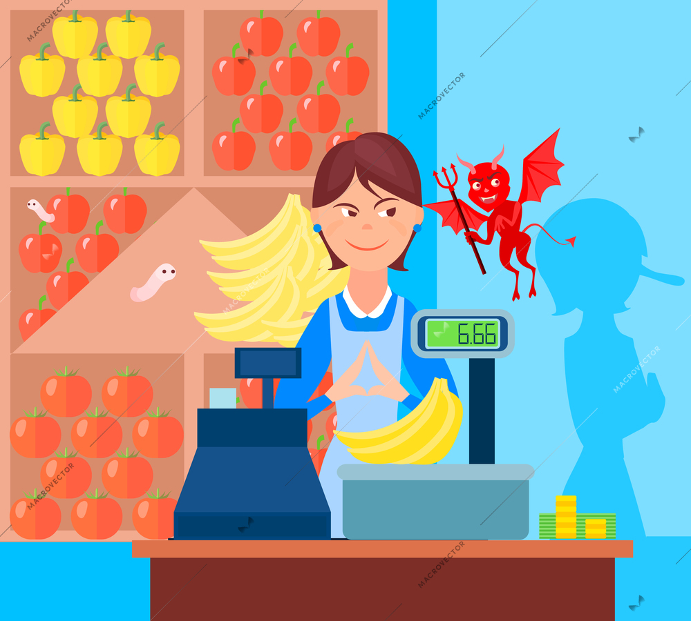 Fraud market trade background with flat greengrocer and devil characters in the market with weighing scales vector illustration