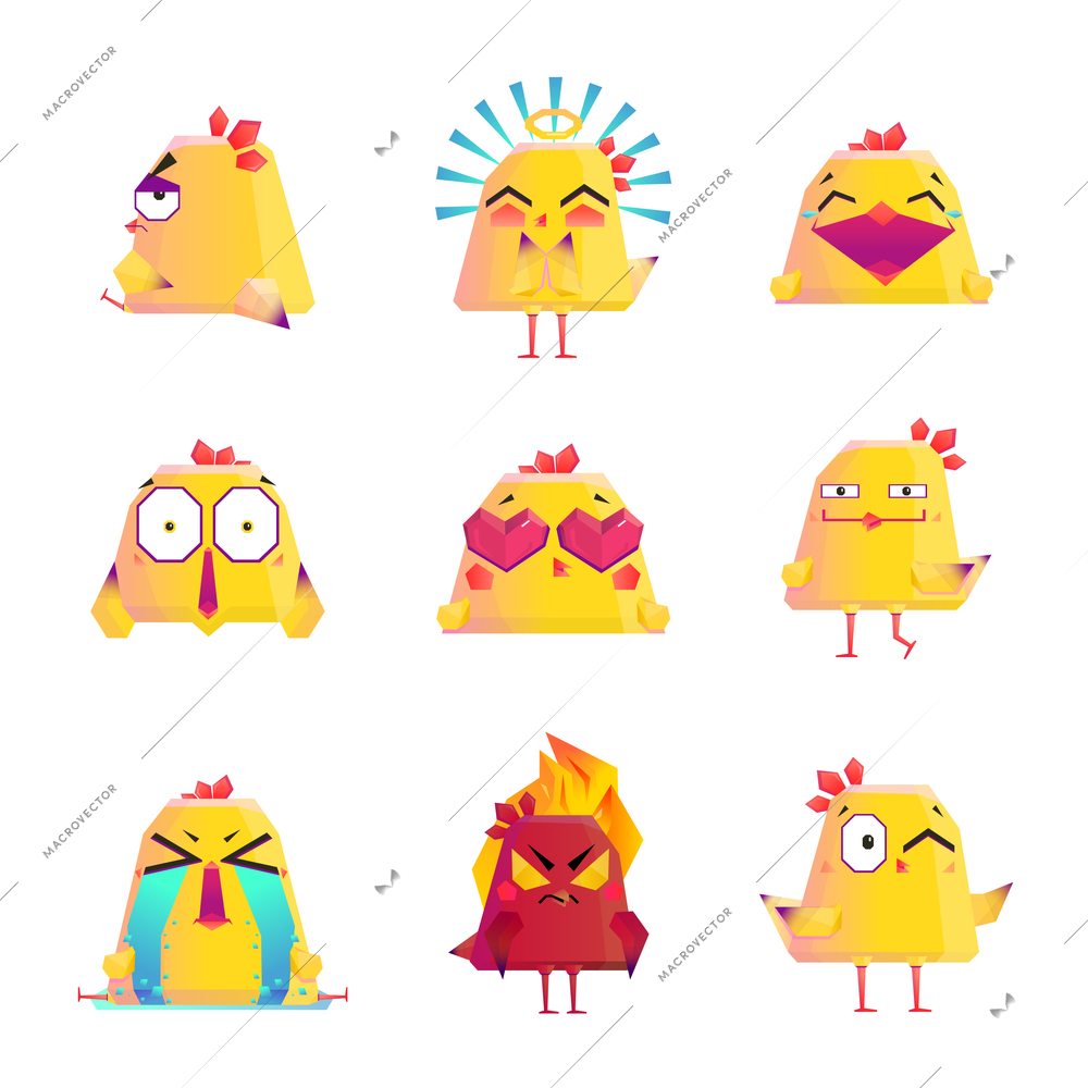 Funny chicken kids favorite cartoon character icons collection with happy love and smile images isolated vector illustration