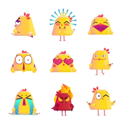 Funny chicken kids favorite cartoon character icons collection with happy love and smile images isolated vector illustration