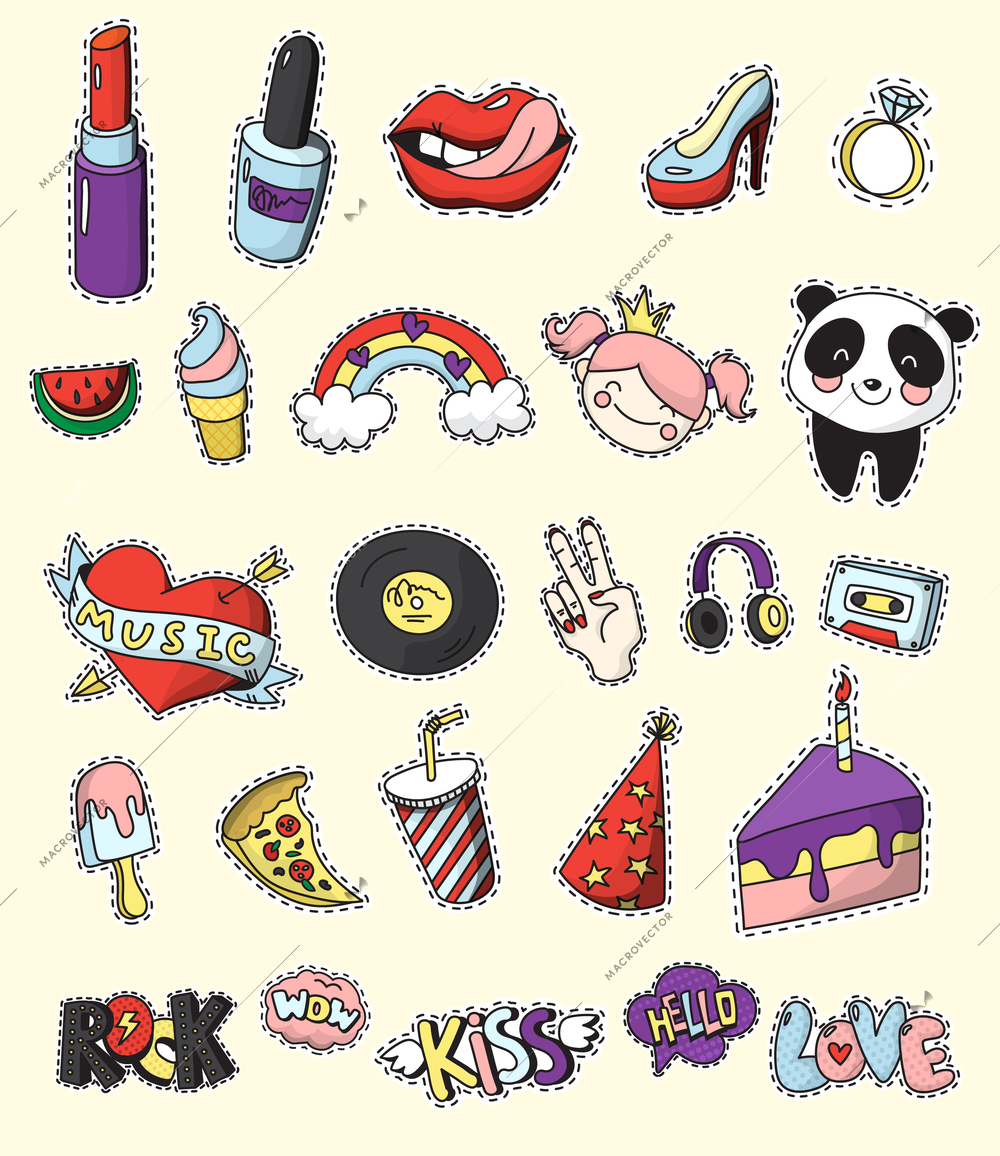 Colored and isolated fashion patch badge set cartoon and 80s 90s comic style vector illustration