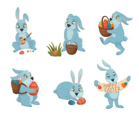 Easter bunny set of six isolated funny characters in different poses with painted easter eggs basket vector illustration