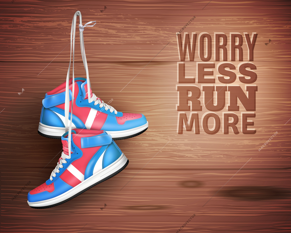 Pair of sports shoes hanging on nail in wood background with description worry less run more realistic vector illustration